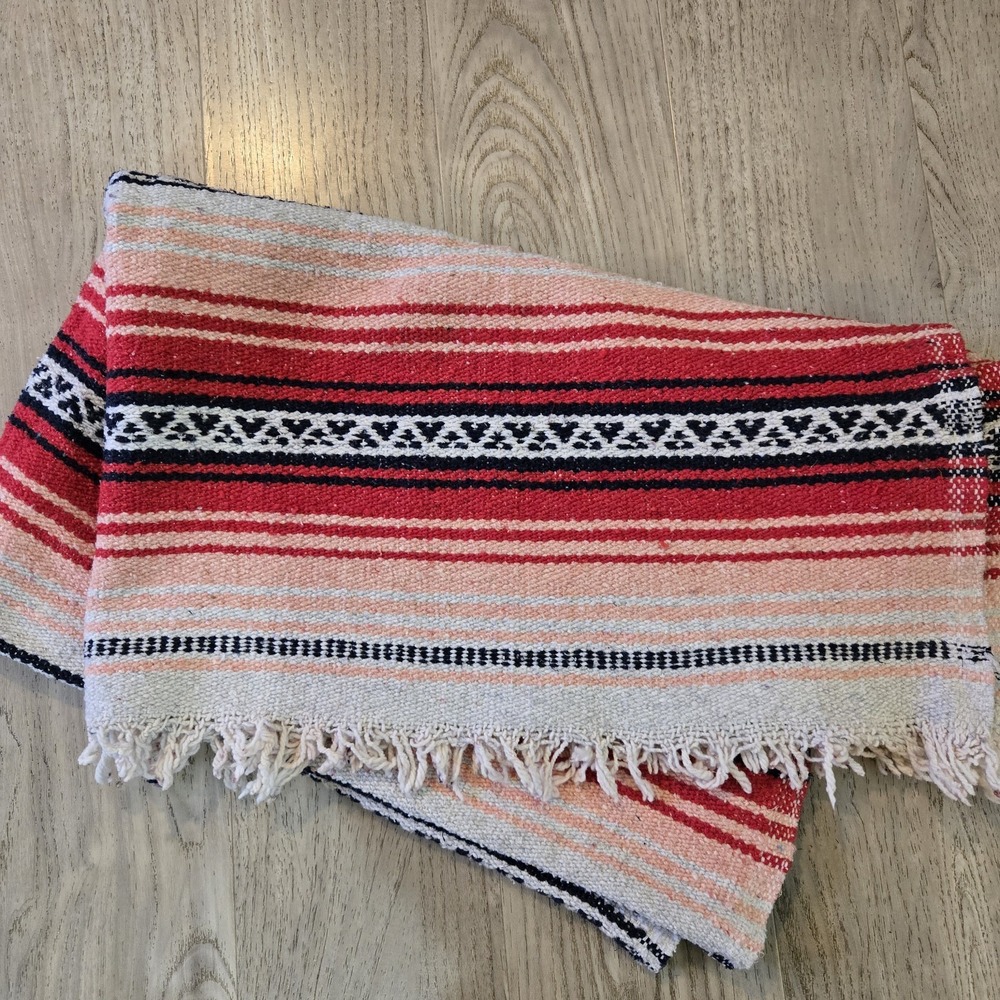 Beautiful Vintage Mexican‎ Serape Blanket 48x58" Size Excluding Fringe Pink Red